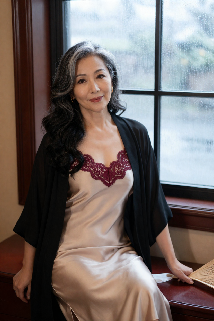 Boudoir portrait of a fictional 45-year-old woman with silver-streaked black hair in long loose waves over